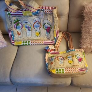 Canvas Flip-Flop Tote Bag - Multicolor Beach Print